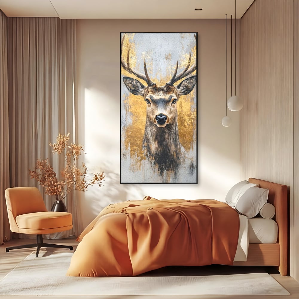Tablou canvas cu tablou canvas cu cerb si accente aurii, in rama de aluminiu negru, pe perete intr-un dormitor